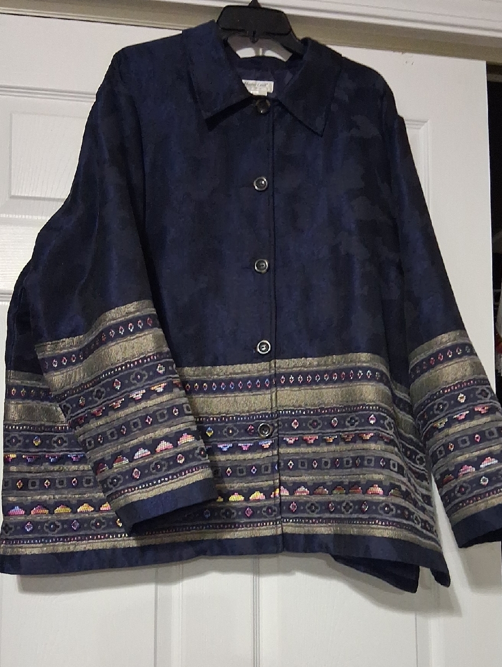 Coldwater Creek Navy Embroidered Button-Front Jacket with Metallic Trim